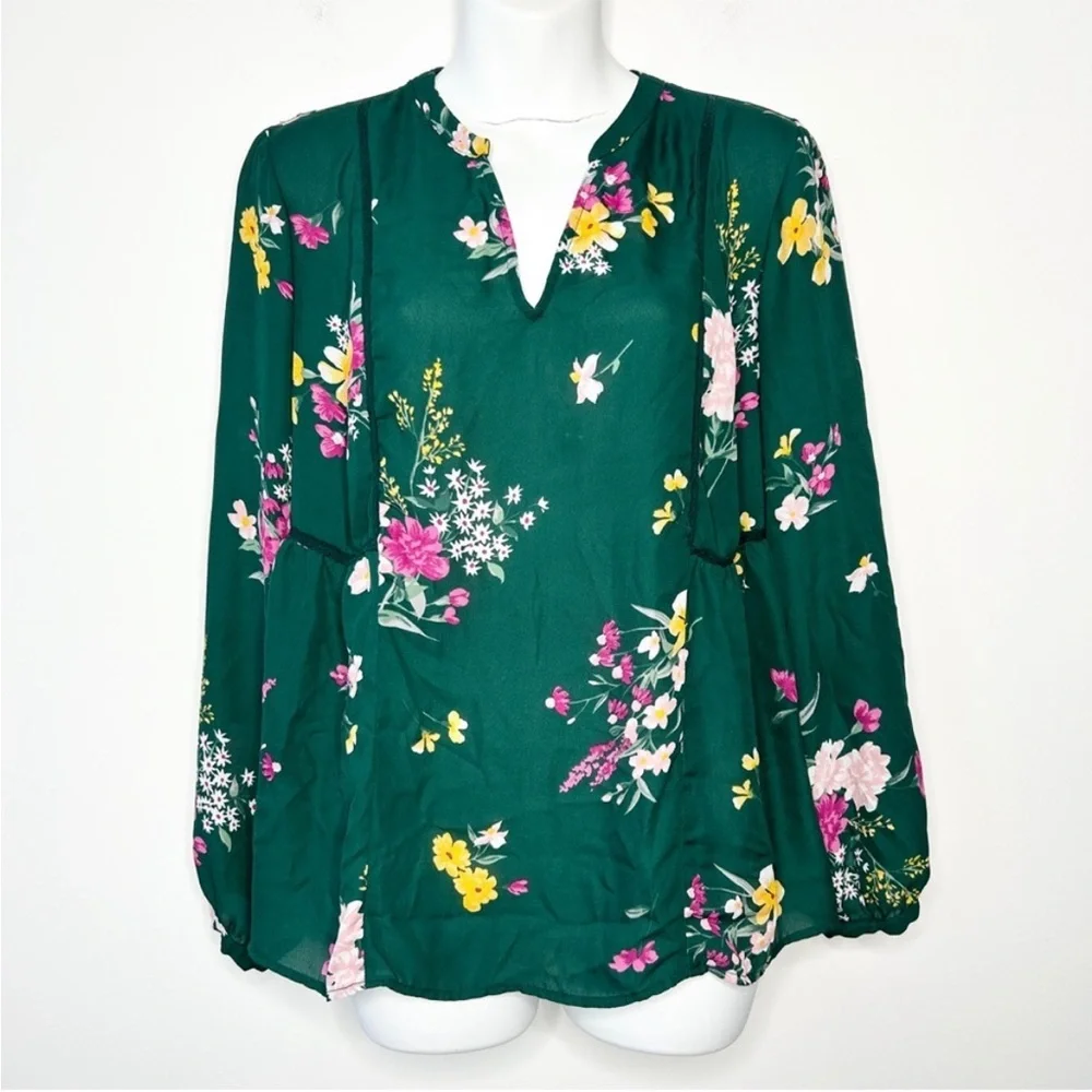 OLD NAVY Dark Green Floral Print Georgette Swing Blouse Size Medium - Picture 3 of 10